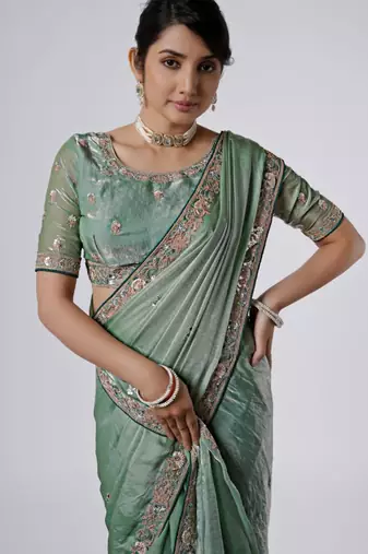 Bollywood green emboriderd border satin saree with unstitched blouse