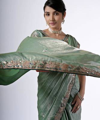 Bollywood green emboriderd border satin saree with unstitched blouse 5