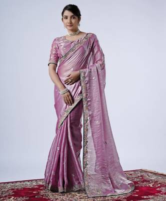 Kanjivaram purple embroiderd border satin saree with unstitched blouse 1