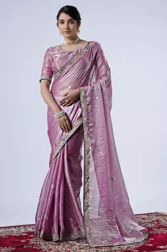 Kanjivaram purple embroiderd border satin saree with unstitched blouse