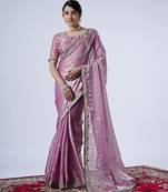 Kanjivaram purple embroiderd border satin saree with unstitched blouse