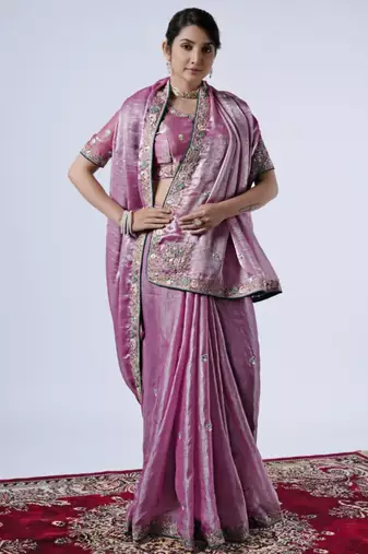 Kanjivaram purple embroiderd border satin saree with unstitched blouse