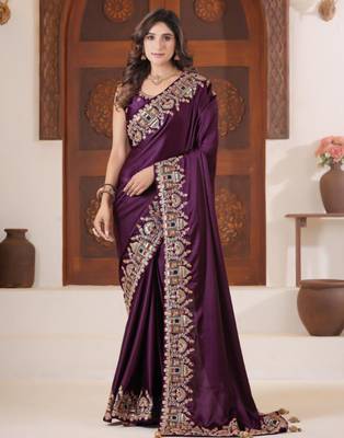 Designer purple heavy multi colored border fandy satin saree with unstitched blouse 1