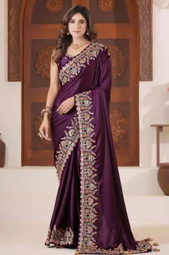 Designer purple heavy multi colored border fandy satin saree with unstitched blouse