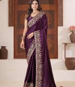 Designer purple heavy multi colored border fandy satin saree with unstitched blouse