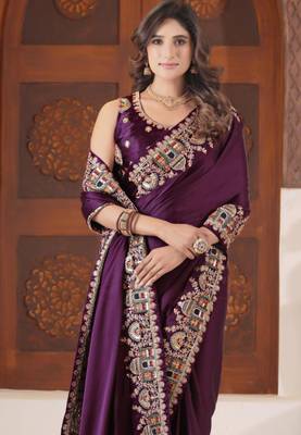 Designer purple heavy multi colored border fandy satin saree with unstitched blouse 2