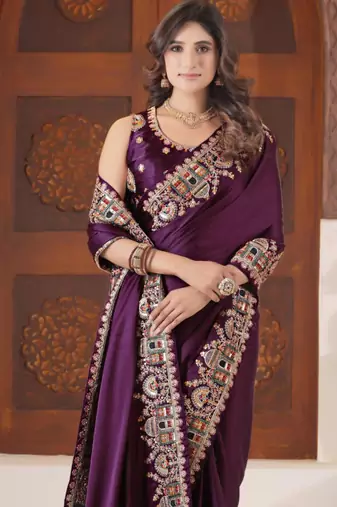 Designer purple heavy multi colored border fandy satin saree with unstitched blouse