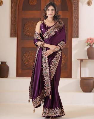 Designer purple heavy multi colored border fandy satin saree with unstitched blouse 3
