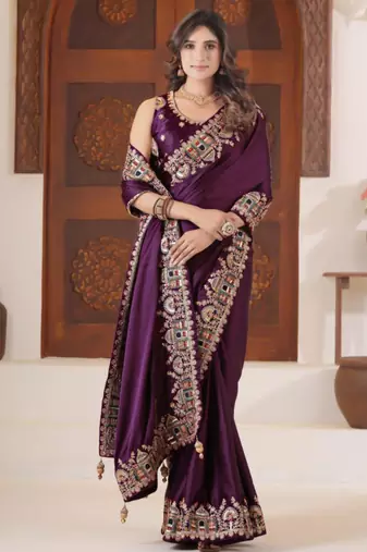 Designer purple heavy multi colored border fandy satin saree with unstitched blouse