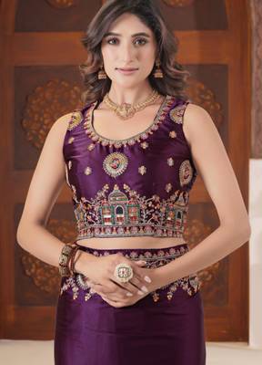 Designer purple heavy multi colored border fandy satin saree with unstitched blouse 4