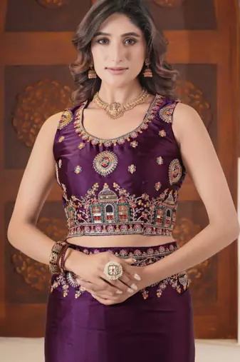 Designer purple heavy multi colored border fandy satin saree with unstitched blouse