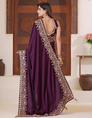 Designer purple heavy multi colored border fandy satin saree with unstitched blouse 5