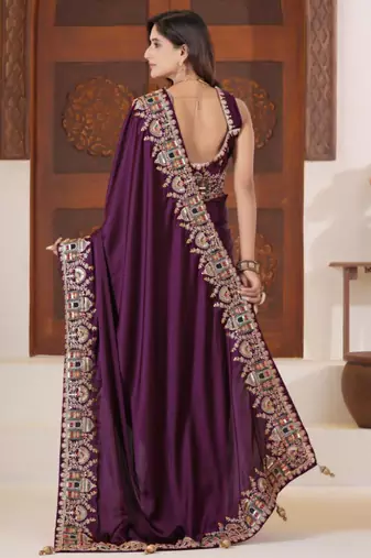 Designer purple heavy multi colored border fandy satin saree with unstitched blouse