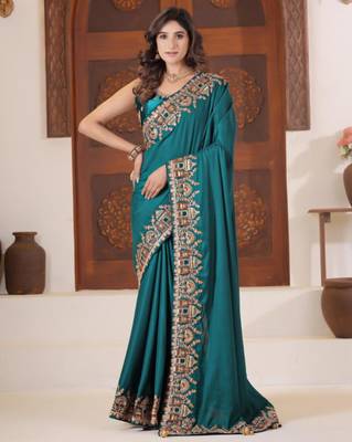 Pure firozi heavy multi colored border fandy satinsaree with unstitched blouse 1