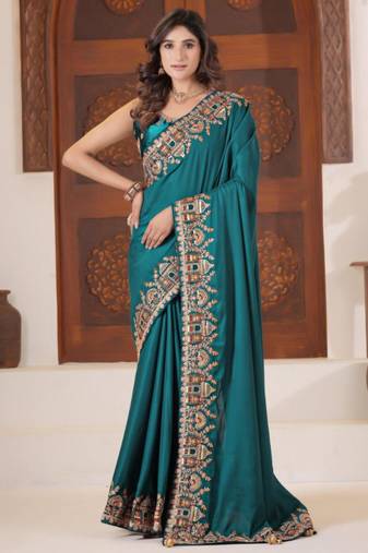 Pure firozi heavy multi colored border fandy satinsaree with unstitched blouse