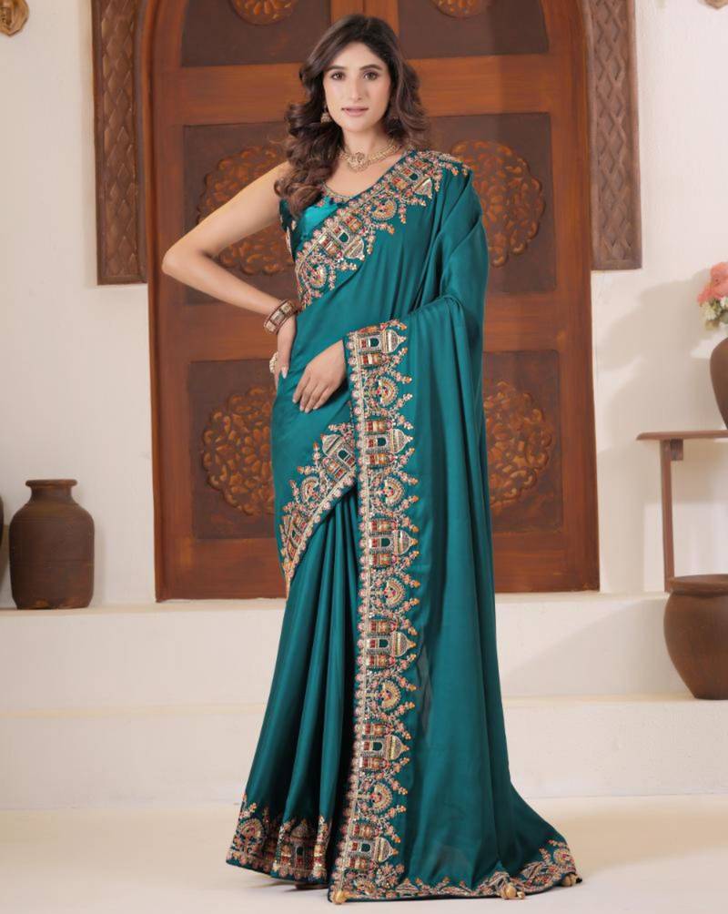 Pure firozi heavy multi colored border fandy satinsaree with unstitched blouse