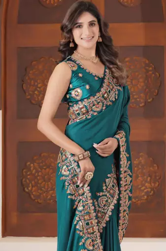 Pure firozi heavy multi colored border fandy satinsaree with unstitched blouse