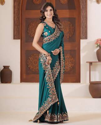 Pure firozi heavy multi colored border fandy satinsaree with unstitched blouse 3