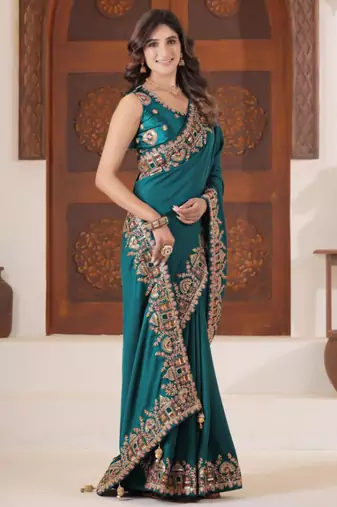 Pure firozi heavy multi colored border fandy satinsaree with unstitched blouse