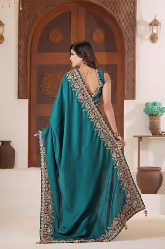 Pure firozi heavy multi colored border fandy satinsaree with unstitched blouse