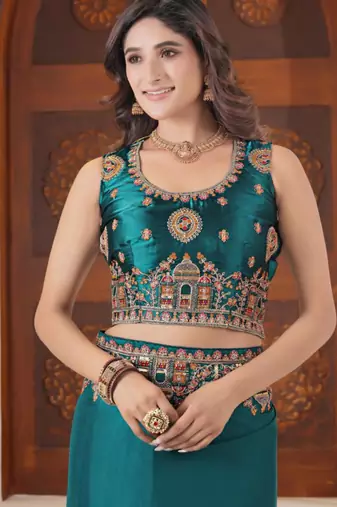 Pure firozi heavy multi colored border fandy satinsaree with unstitched blouse