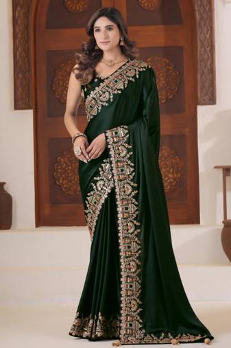 light weight green heavy multi colored border fandy satin silk blend saree with unstitched blouse