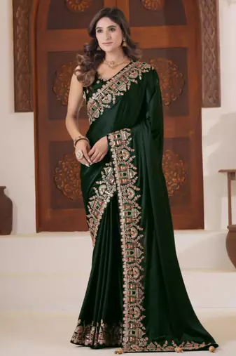 light weight green heavy multi colored border fandy satin silk blend saree with unstitched blouse