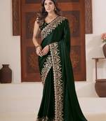 light weight green heavy multi colored border fandy satin silk blend saree with unstitched blouse