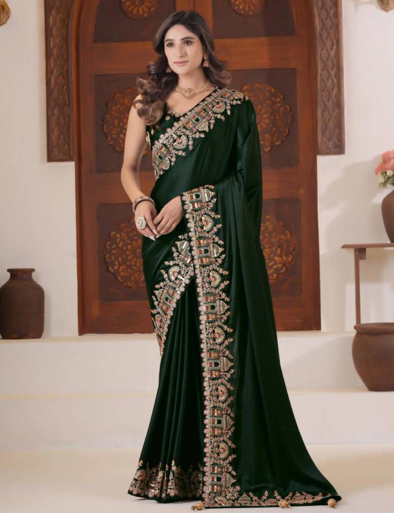 light weight green heavy multi colored border fandy satin silk blend saree with unstitched blouse