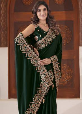 light weight green heavy multi colored border fandy satin silk blend saree with unstitched blouse 2