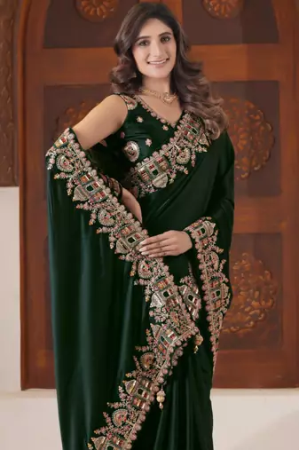 light weight green heavy multi colored border fandy satin silk blend saree with unstitched blouse