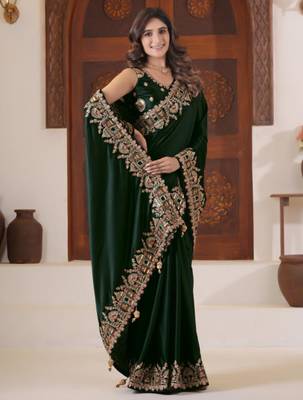 light weight green heavy multi colored border fandy satin silk blend saree with unstitched blouse 3
