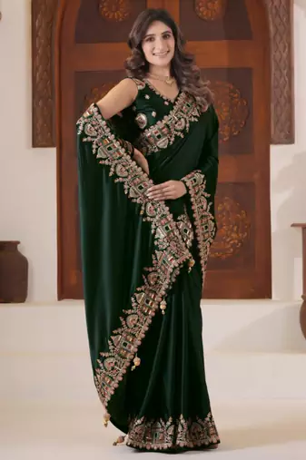 light weight green heavy multi colored border fandy satin silk blend saree with unstitched blouse
