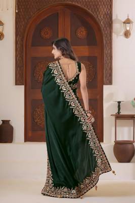 light weight green heavy multi colored border fandy satin silk blend saree with unstitched blouse 4