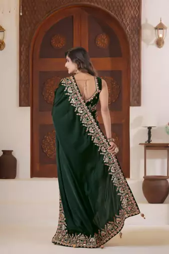 light weight green heavy multi colored border fandy satin silk blend saree with unstitched blouse