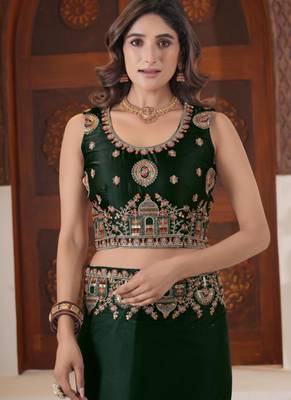 light weight green heavy multi colored border fandy satin silk blend saree with unstitched blouse 5