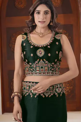 light weight green heavy multi colored border fandy satin silk blend saree with unstitched blouse