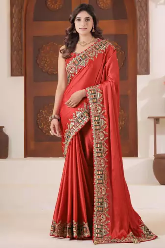 Fashionable red heavy multi colored border fandy satin saree with unstitched blouse