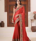 Fashionable red heavy multi colored border fandy satin saree with unstitched blouse