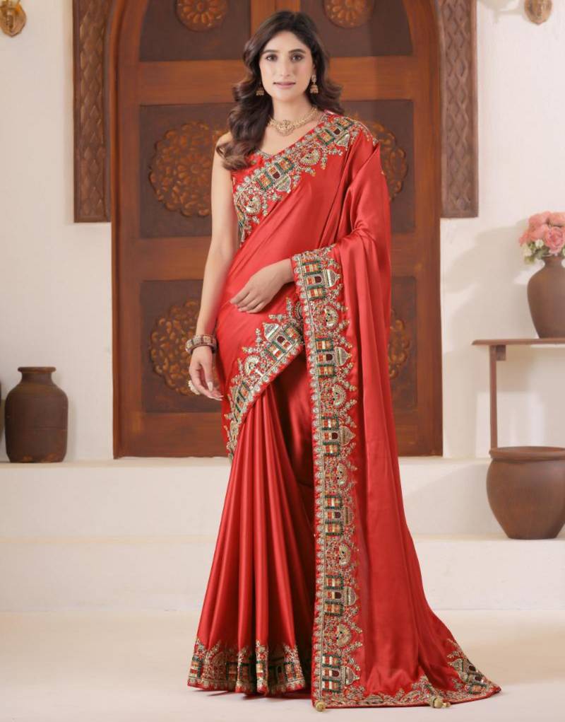 Fashionable red heavy multi colored border fandy satin saree with unstitched blouse
