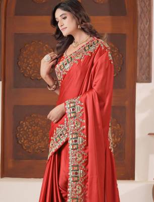 Fashionable red heavy multi colored border fandy satin saree with unstitched blouse 2