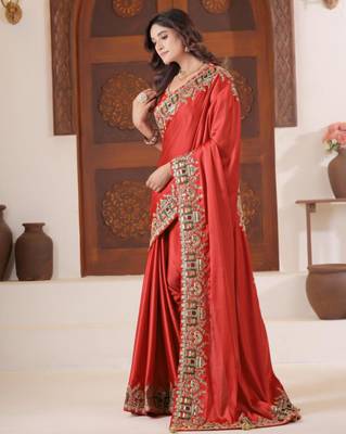 Fashionable red heavy multi colored border fandy satin saree with unstitched blouse 3