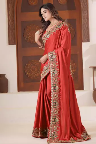 Fashionable red heavy multi colored border fandy satin saree with unstitched blouse