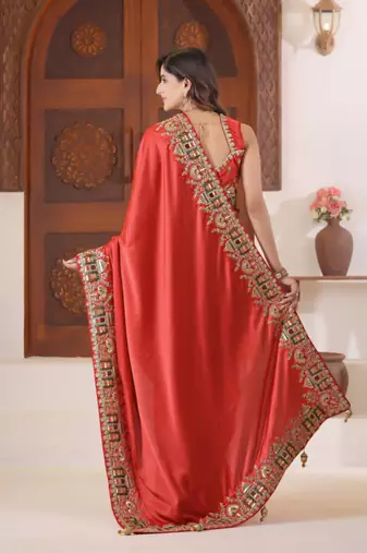 Fashionable red heavy multi colored border fandy satin saree with unstitched blouse