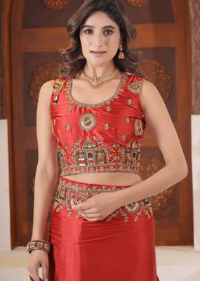 Fashionable red heavy multi colored border fandy satin saree with unstitched blouse 5