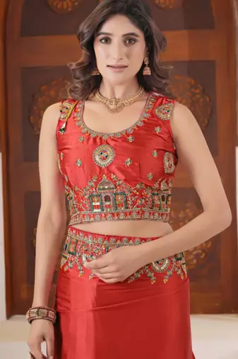 Fashionable red heavy multi colored border fandy satin saree with unstitched blouse
