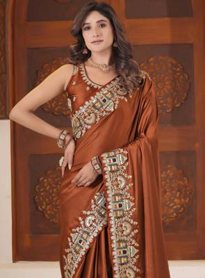 soft silk blend rust heavy multi colored border fandy satin saree with unstitched blouse 2