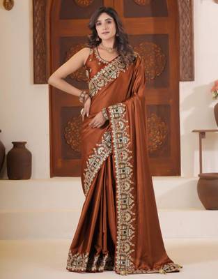 soft silk blend rust heavy multi colored border fandy satin saree with unstitched blouse 3