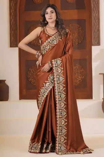 soft silk blend rust heavy multi colored border fandy satin saree with unstitched blouse