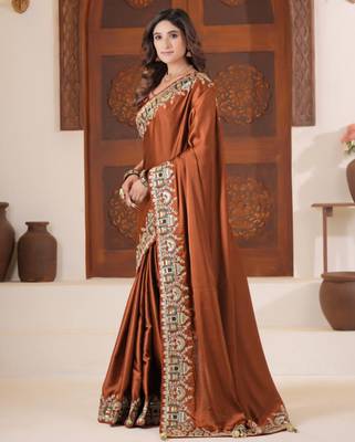 soft silk blend rust heavy multi colored border fandy satin saree with unstitched blouse 4